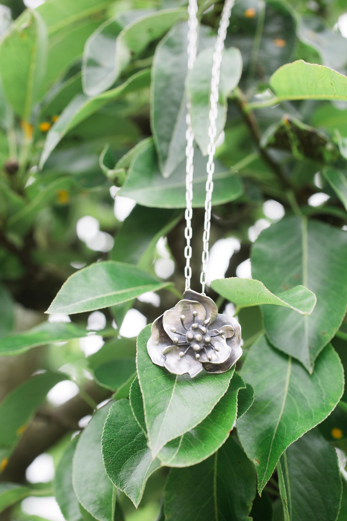 Sterling Silver Apple Blossom Flower on 18 inch Oval Chain