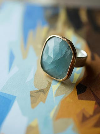 Square Faceted Aquamarine Gold-Filled Ring